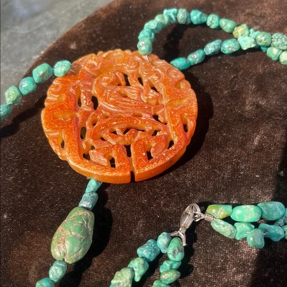 Handcrafted Turquoise and Orange Pendant Necklace - Picture 8 of 11